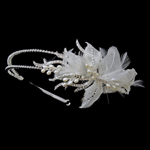 Antique Silver Ivory Pearl & Clear Rhinestone Floral Feather Fabric Side Accented Bridal Wedding Feather Bridal Wedding Headband Headpiece 1655
