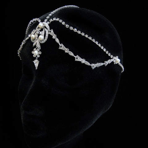 Antique Rhodium Silver Diamond White Pearl & Rhinestone Teardrop Forehead Headpiece 1867