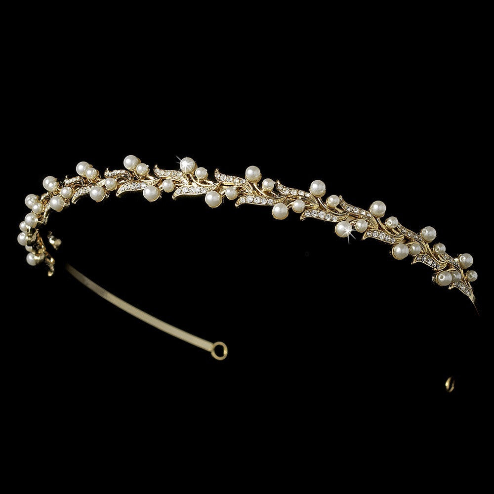 Rhinestone and Pearl Lily Bridal Wedding Tiara Bridal Wedding Headband HP 2000 Gold