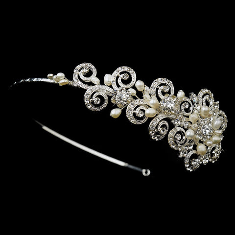 Antique Silver Ivory Freshwater Pearl & Crystal Floral Side Accented Bridal Wedding Headband Headpiece 2295