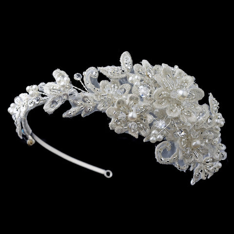Silver Ivory Floral Lace, Pearl, Swarovski Crystal, Rhinestone & Sequin Bridal Wedding Side Headband