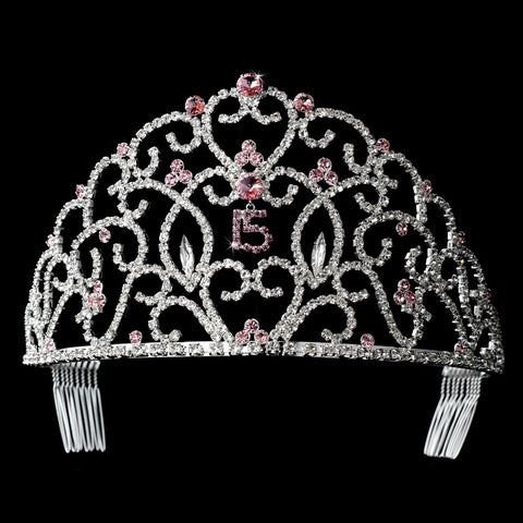 Royal Sweet 15 Quinceanera Silver Headpiece Covered in Clear & Pink Rhinestones 251