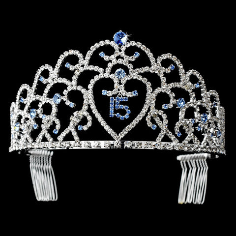 Glistening Quinceanera Sweet 15 Light Blue & Amethyst Stones Princess Bridal Wedding Tiara in Silver 252