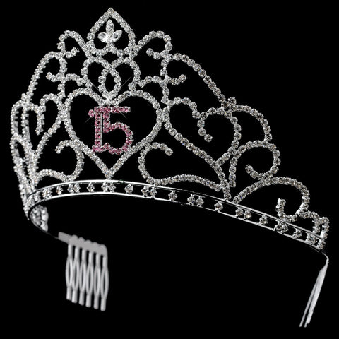 Brilliant Sweet 15 Quinceanera Rhinestone Covered Bridal Wedding Tiara in Silver with Pink Accents 253