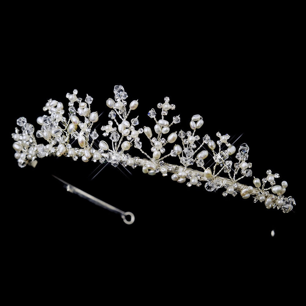 * Silver Swarovski Crystal Bead & Freshwater Pearl Bridal Wedding Tiara Headpiece 2708
