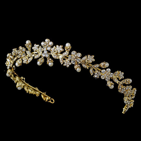 * Gold Pearl & Crystal Floral Bridal Wedding Headband 3154