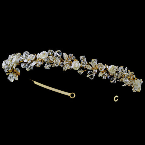 Precious Gold Clear Crystal & Ivory Flower Headpiece 3890
