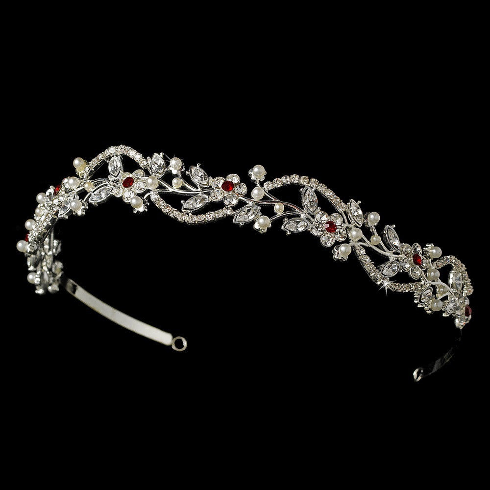 * Silver w/White Pearls & Burgundy Red Crystal Accents Headpiece 392