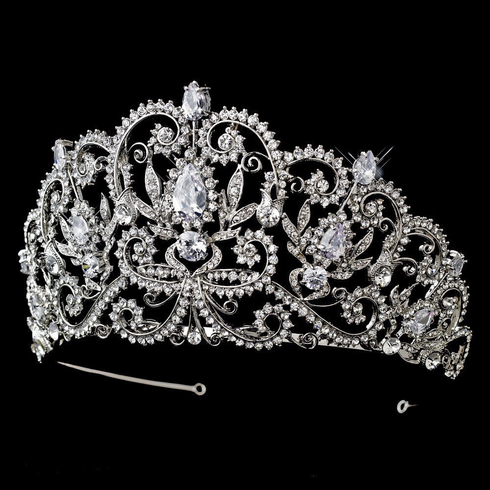* Antique Silver Clear Rhinestone & Center CZ Crystal Royal Princess Bridal Wedding Tiara Headpiece 394