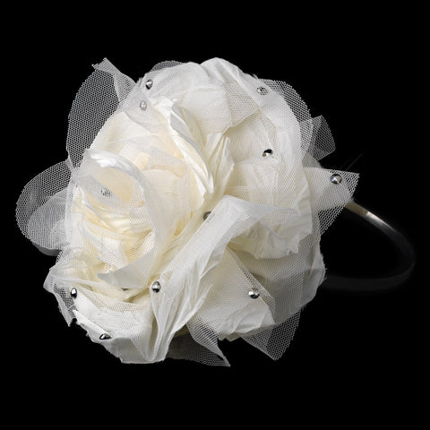 * Ivory Flower with Accented Rhinestones & Black Bridal Wedding Headband Headpiece 4029