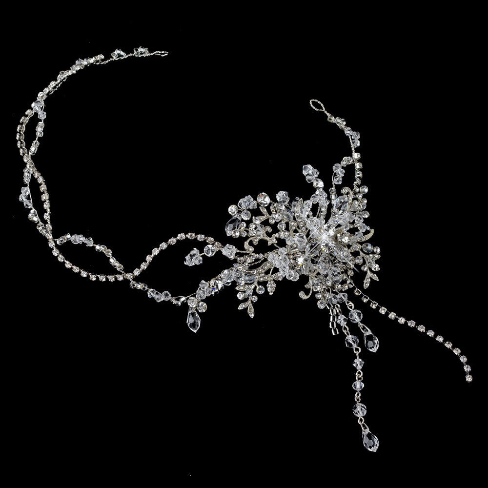 Rhodium Clear Rhinestone Side Accented Dangle Bridal Wedding Hair Vine Bridal Wedding Headband