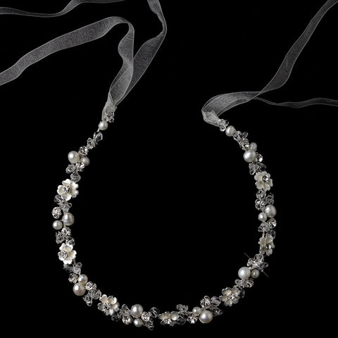 Freshwater Pearl, Rhinestone & Swarovski Crystal Bead Ivory Sheer Ribbon Bridal Wedding Headband 4360