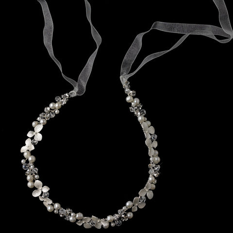 Freshwater Pearl, Rhinestone & Swarovski Crystal Bead Ivory Sheer Ribbon Flower Bridal Wedding Headband 4367