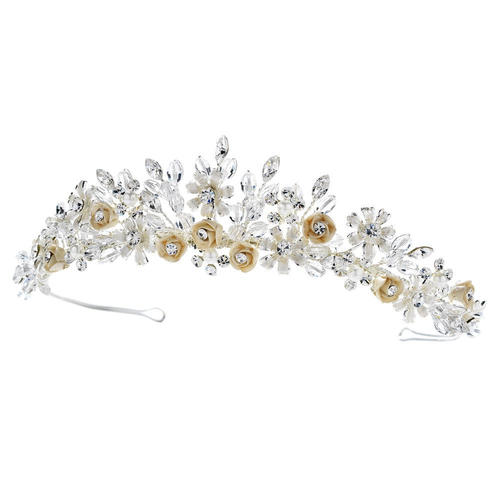 Porcelain Flower Accented Bridal Wedding Tiara HP 4429 Silver