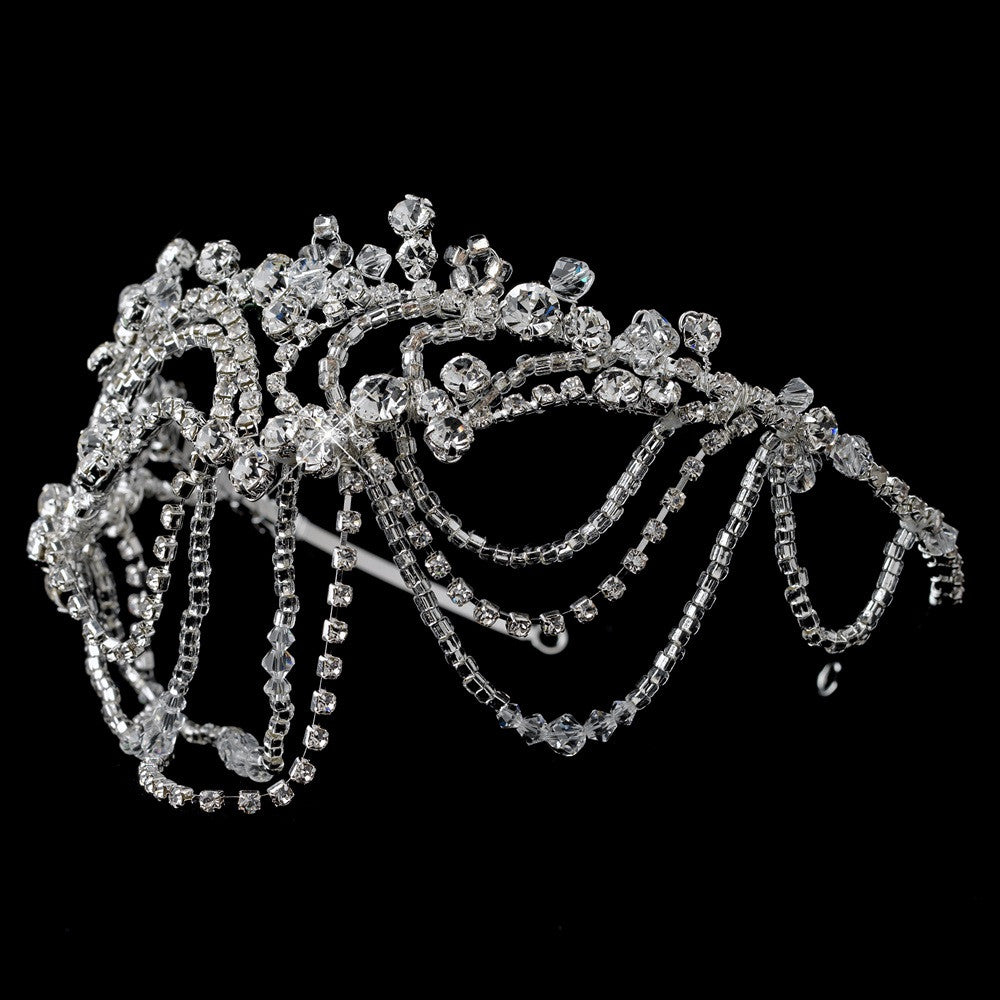 Silver Clear Swarovski Crystal Bead & Rhinestone Headdress Draped Bridal Wedding Headband 4463