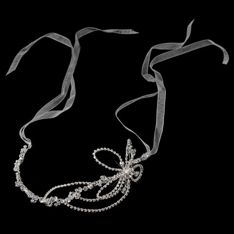 Silver Diamond White Ribbon Bridal Wedding Headband 4479 with Rhinestones & Crystals