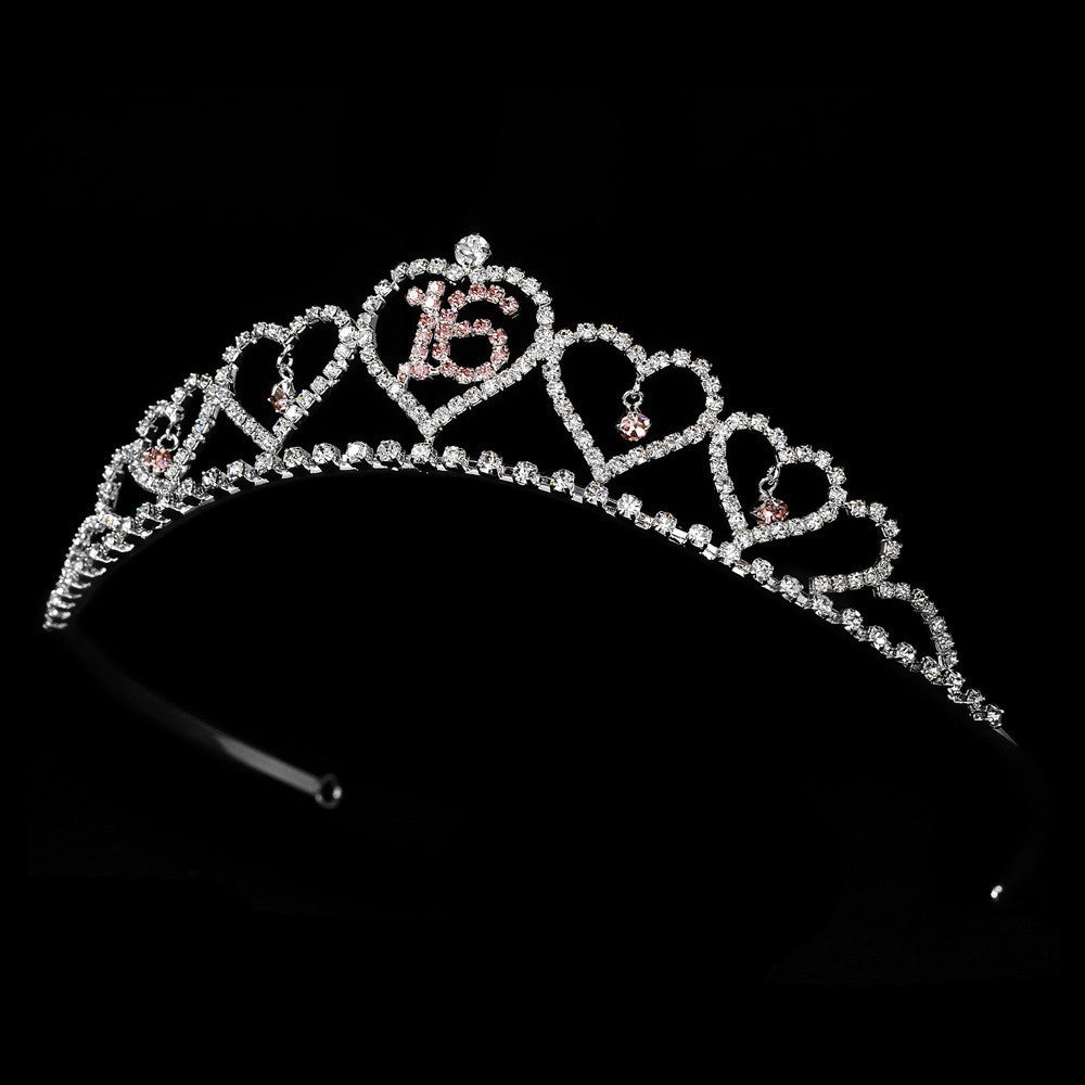 Sweet 16 Silver Plated Bridal Wedding Tiara Covered in Clear & Pink Rhinestones 460