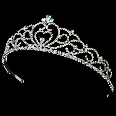 Regal Rhinestone Heart Princess Bridal Wedding Tiara in Silver AB with Heart Accent 516