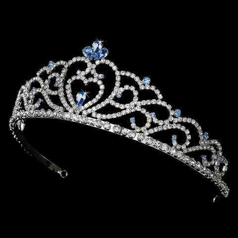 Regal Rhinestone Heart Princess Bridal Wedding Tiara in Silver with Light Blue Accents 516