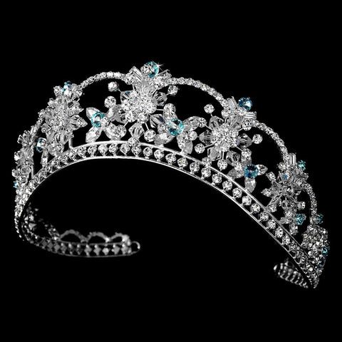Sparkling Rhinestone & Swarovski Crystal Covered Bridal Wedding Tiara with Aqua Accents in Silver 523