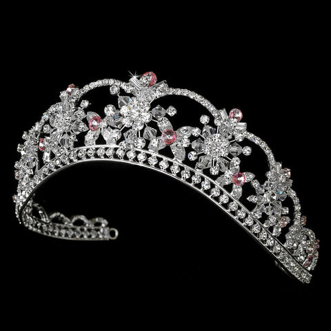 Sparkling Rhinestone & Swarovski Crystal Covered Bridal Wedding Tiara with Light Pink Accents in Silver 523