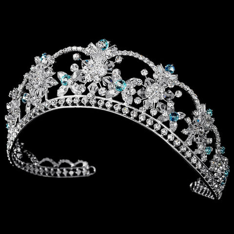 Sparkling Rhinestone & Swarovski Crystal Covered Bridal Wedding Tiara with Turquoise Accents in Silver 523