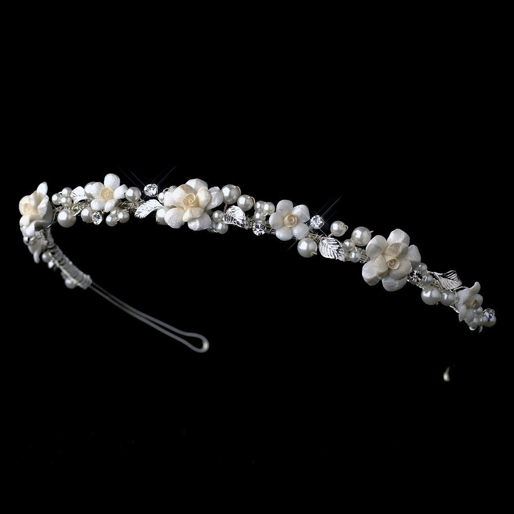 Ivory Porcelain Pearl Flower Bridal Wedding Headband 615