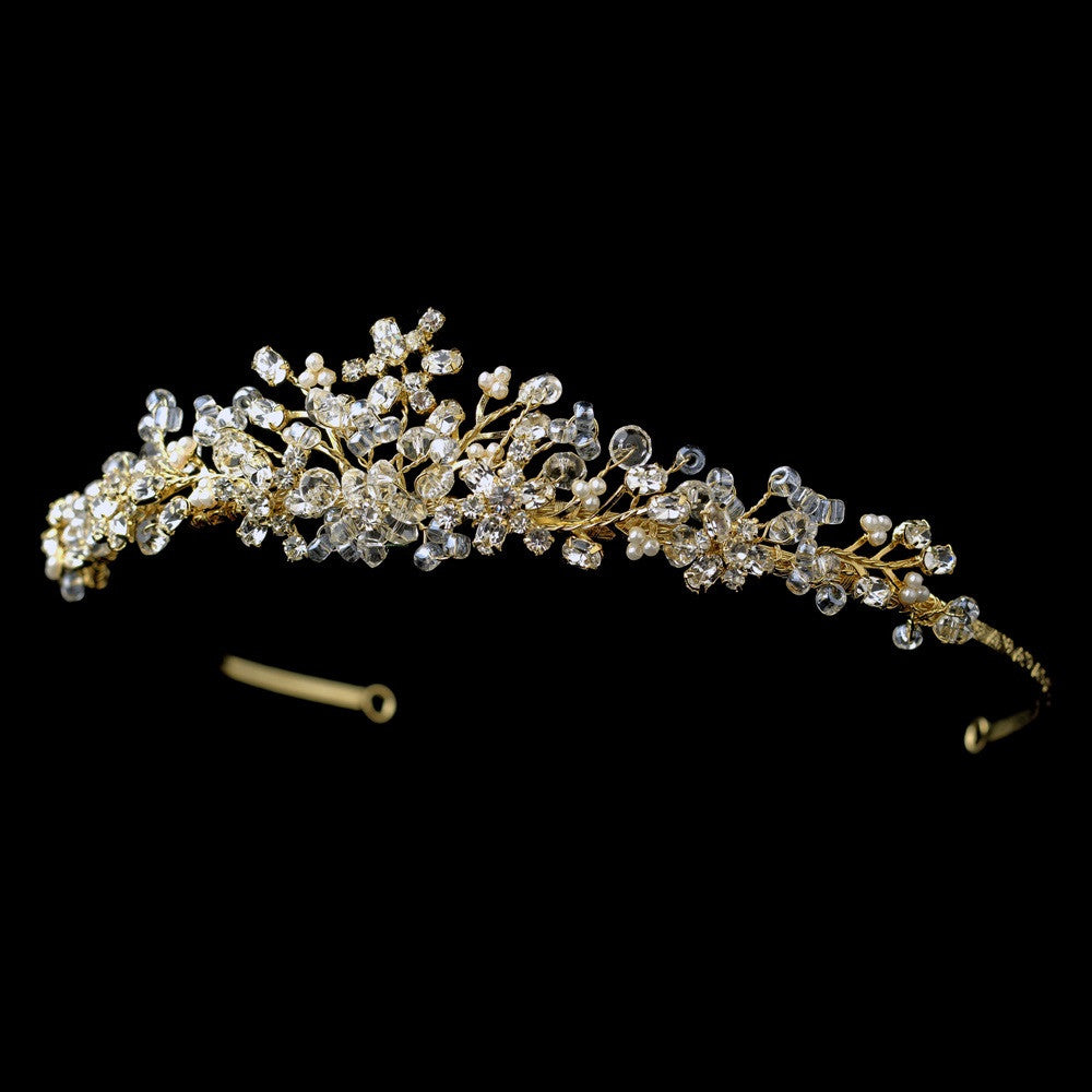 * Gold White Pearl, Crystal & Rhinestone Bridal Wedding Tiara Headpiece 6270