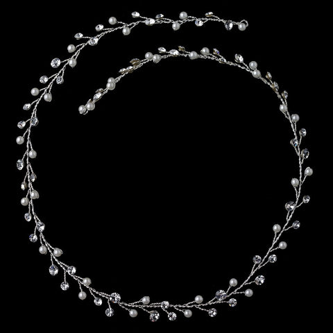 Silver Rhinestone & Pearl Vine Bridal Wedding Elastic Headband 6436