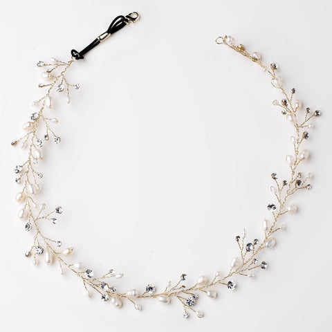 Silver Rhinestone & Freshwater Pearl Vine Bridal Wedding Elastic Headband 6437
