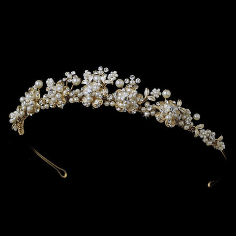 Elegant Pearl & Rhinestone Gold Bridal Wedding Tiara 6443