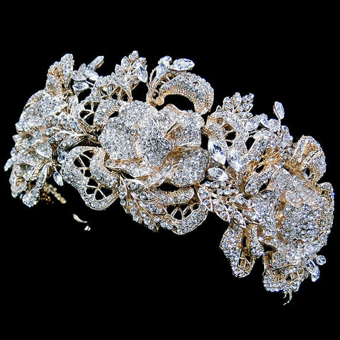 Sparkling 14k Gold Floral Rose Rhinestone Bridal Wedding Tiara Bridal Wedding Headband 6450