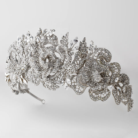 Sparkling Sterling Silver/Rhodium Floral Rose Rhinestone Bridal Wedding Tiara Bridal Wedding Headband 6450