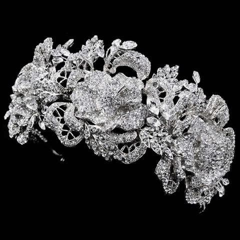 Sparkling Sterling Silver/Rhodium Floral Rose Rhinestone Bridal Wedding Tiara Bridal Wedding Headband 6450