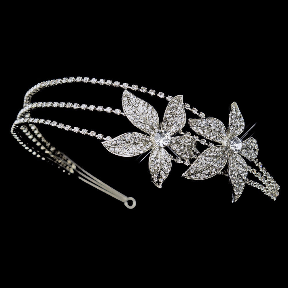 Antique Silver Clear Side Accented Flower Rhinestone Side Accented Bridal Wedding Headband 664