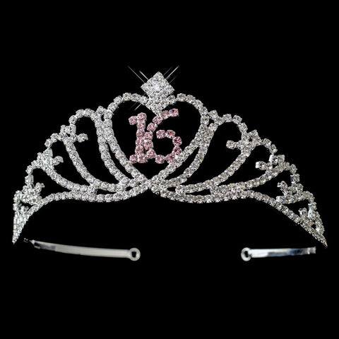 Sparkling Pink Majestic Sweet 16 RhinestoneBridal Wedding Tiara in Silver 7032
