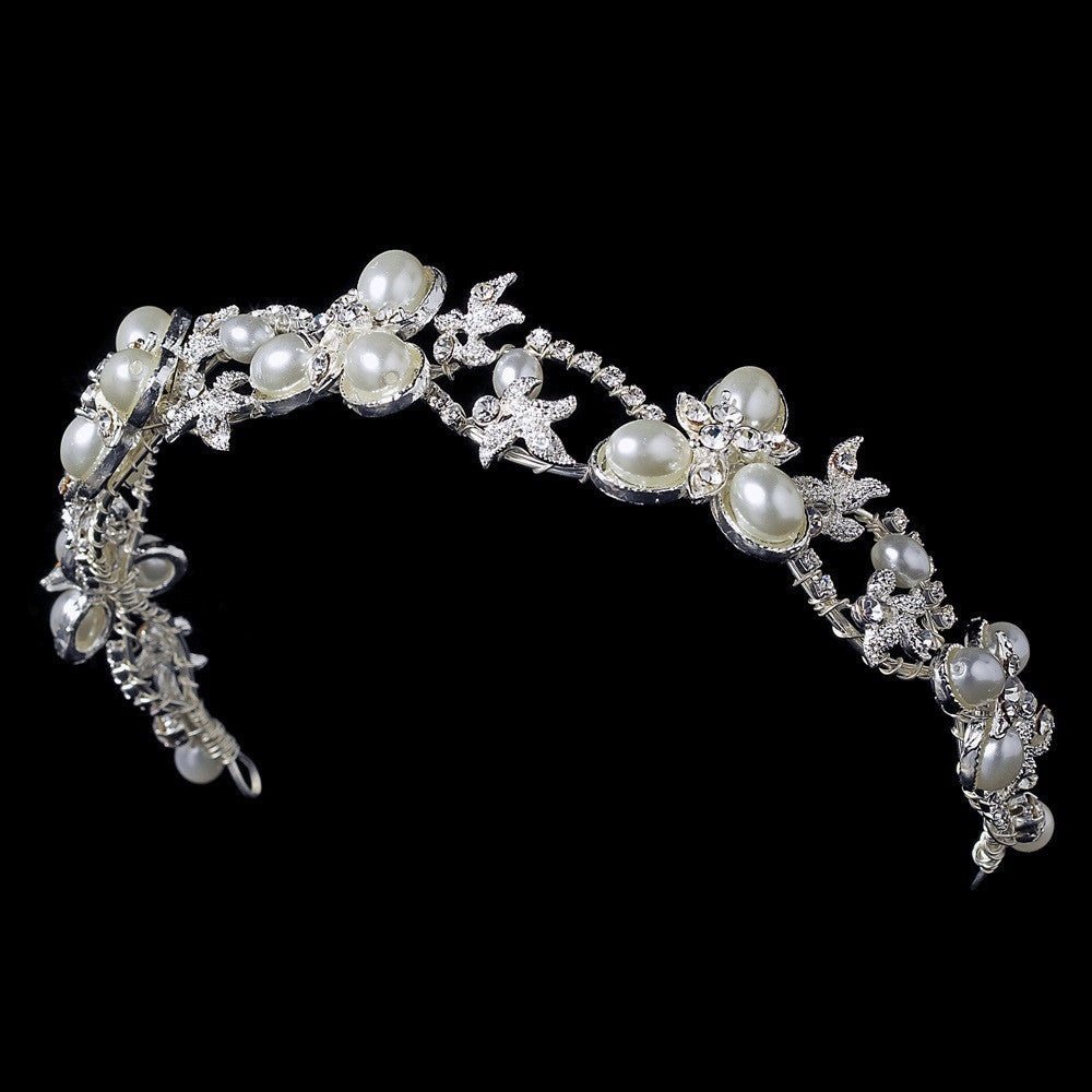 Lovely Silver Clear Rhinestone & White Pearl Jewelry 7329 & Bridal Wedding Headband 7808 Set