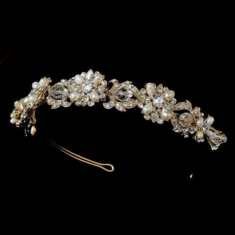 Gold Swarovski Crystal & Freshwater Pearl Bridal Wedding Headband 7844