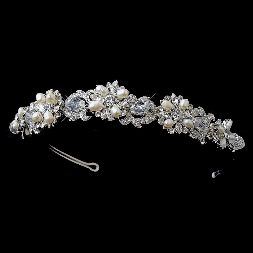 Silver/Rhodium Swarovski Crystal & Freshwater Pearl Bridal Wedding Headband 7844