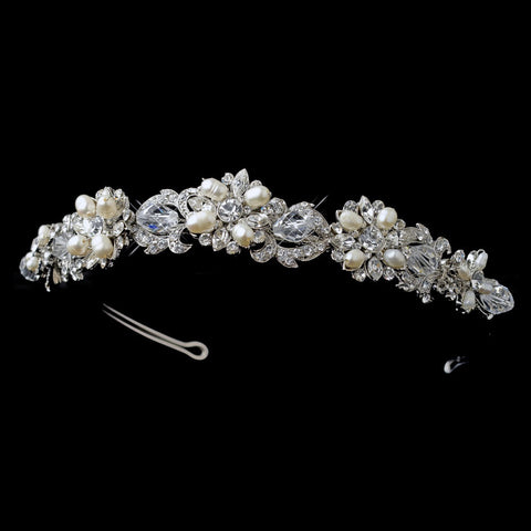Silver/Rhodium Swarovski Crystal & Freshwater Pearl Bridal Wedding Headband 7844