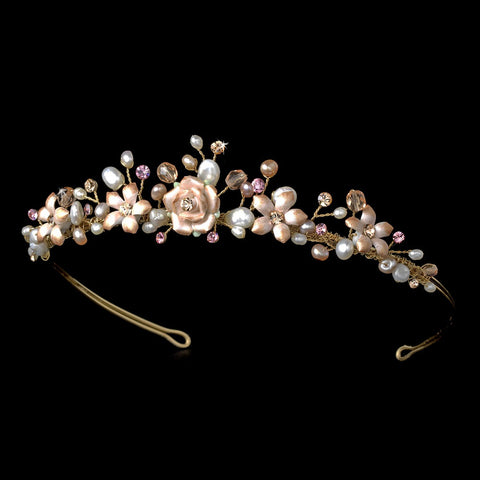 Gold Rum Pink Porcelain Bridal Wedding Tiara Headpiece 8142