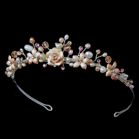 Silver Rum Pink Porcelain Bridal Wedding Tiara Headpiece 8142