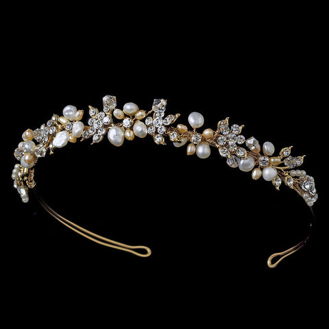 Gold Ivory & Rum Freshwater Pearl Bridal Wedding Headband HP 8147