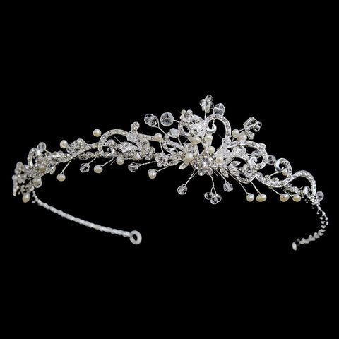 Silver Ivory Freshwater Pearl & Rhinestone Side Accented Bridal Wedding Headband 8231