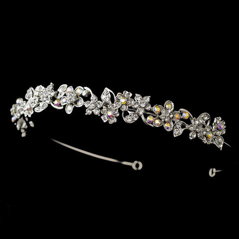 * Charming Antique Silver Flower Headpiece w/ Clear & AB Crystals 8233