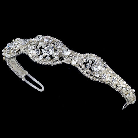 Silver and White Pearl Bridal Wedding Headband 8240