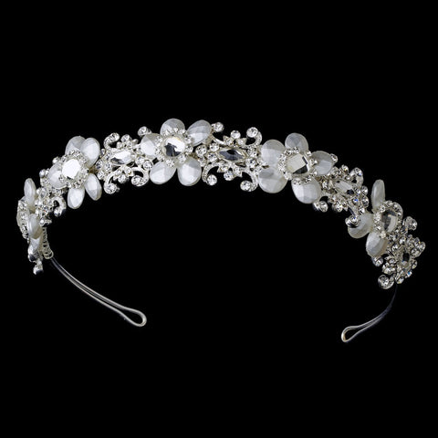 * Lovely Silver Clear Crystal & Ivory Flower Headpiece 8267
