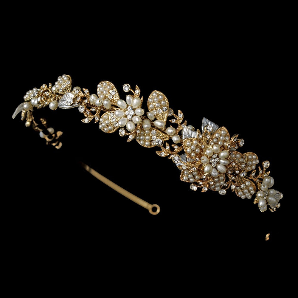 Headpiece 8279 Gold Clear White Potato Pearl