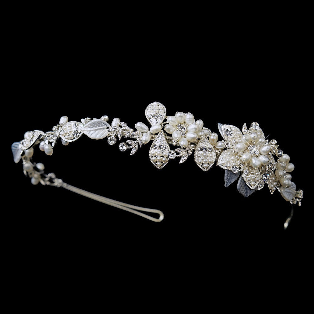 Silver Ivory Pearl & Clear Rhinestone Floral Side Accented Bridal Wedding Headband Headpiece 8279