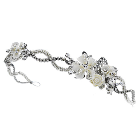 Antique Silver Ivory Bridal Wedding Headband with Flower Accents HP 8345